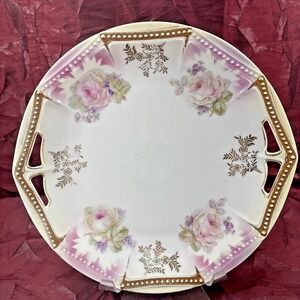 Antique PK Silesia Porcelain Serving Plate Hand Painted Pink Roses‎ Reticulated
